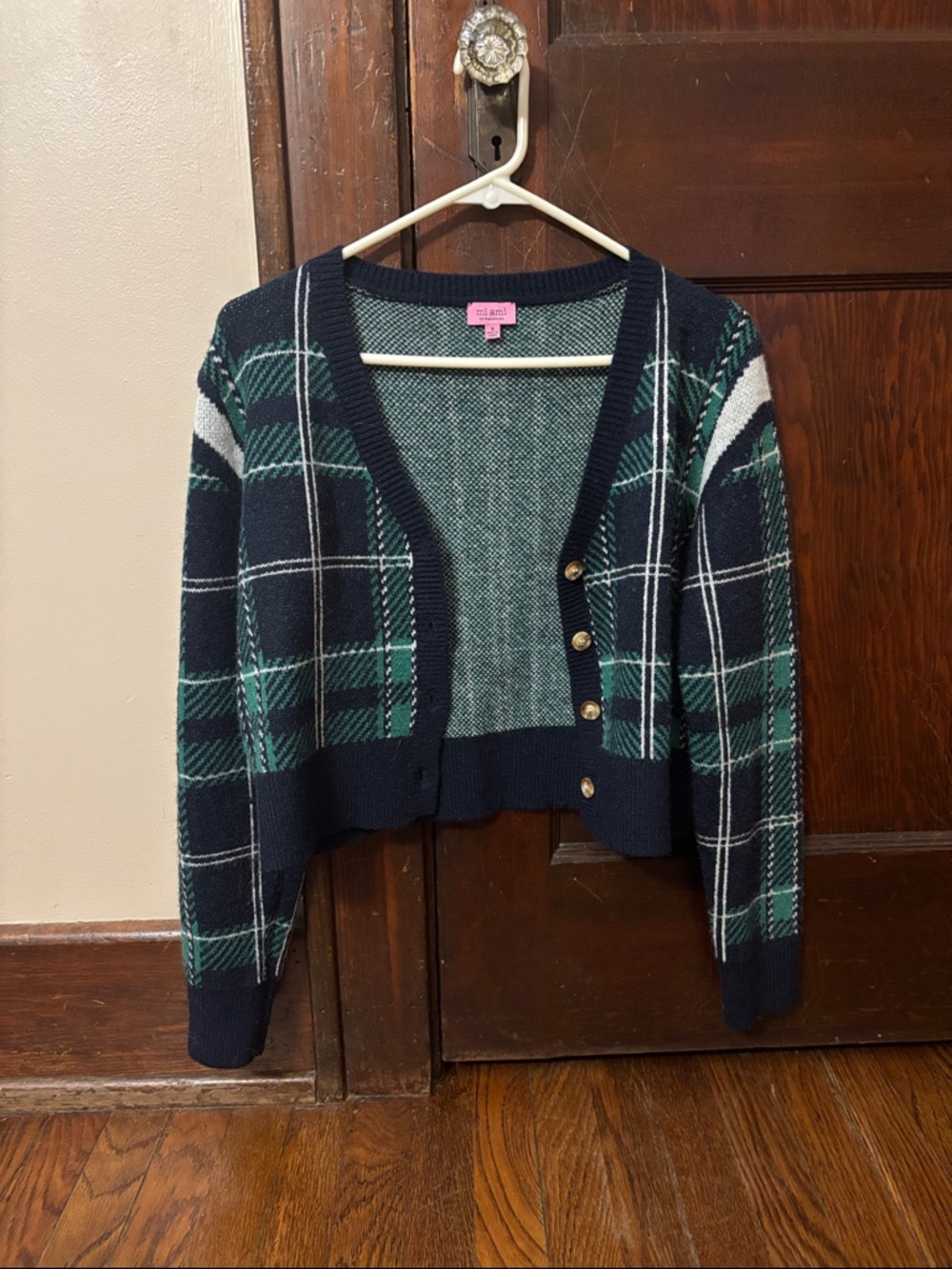 Francesca's Collections Navy and Green Plaid Cropped Cardigan